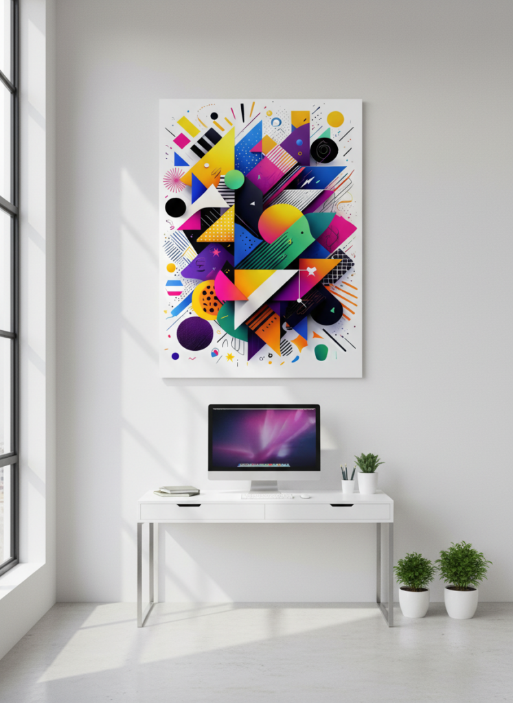 Bold geometric abstract metal poster as a striking focal point on a clean white wall