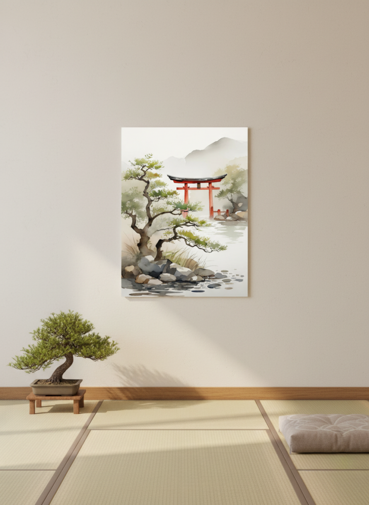 Calming Japanese torii gate watercolor metal poster in a serene minimalist room