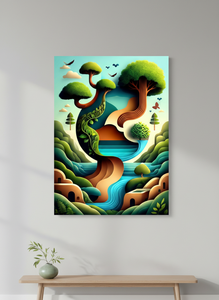 Metal poster in a gallery wall arrangement with consistent even spacing