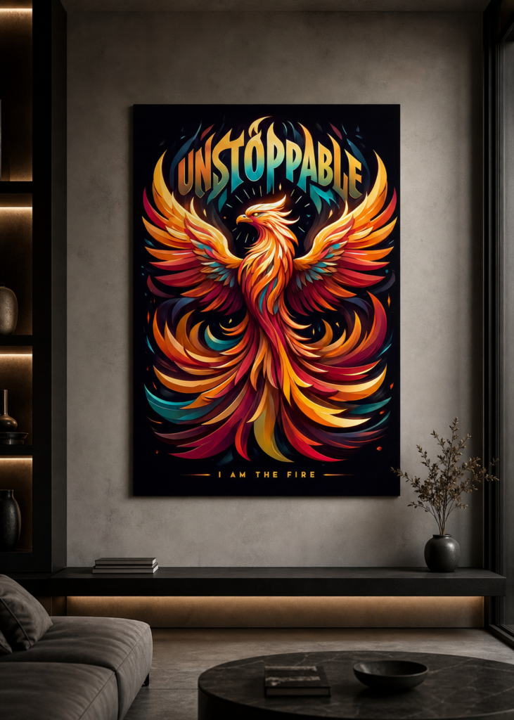 Warm-toned phoenix metal poster as an accent piece anchoring a neutral grey living room