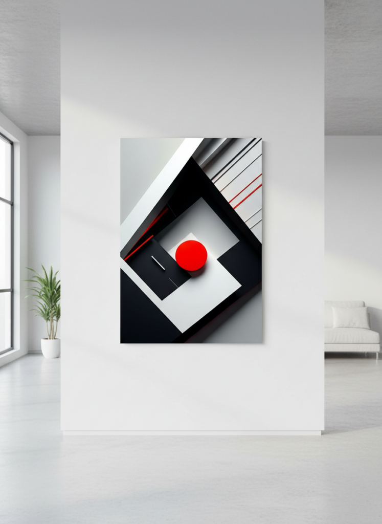 Central anchor metal poster in a balanced gallery wall layout