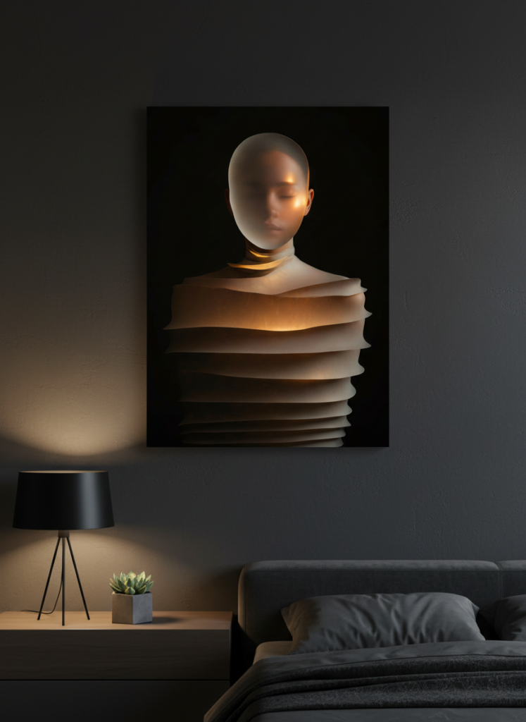 Serene closed-eyed figure metal poster in a calm, moody bedroom