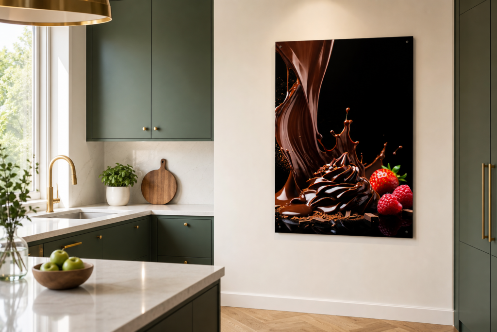 A bright, modern kitchen interior layout featuring a vertical, frameless metal art print with a chocolate theme in rich espresso brown and cream tones mounted to a white wall. Below the artwork, a light wood counter or kitchen island is paired with two minimalist bar stools, a ceramic vase holding delicate dried branches, and a wooden cutting board with pastries.