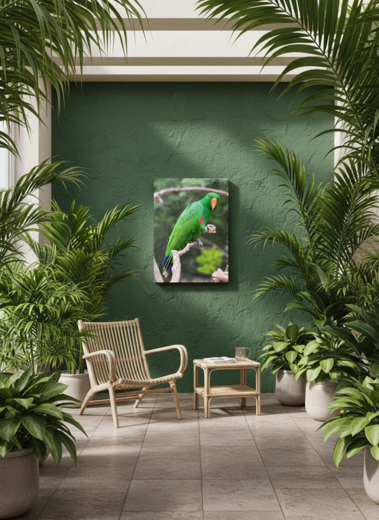 Green parrot metal poster echoing the green tones of a plant-filled room