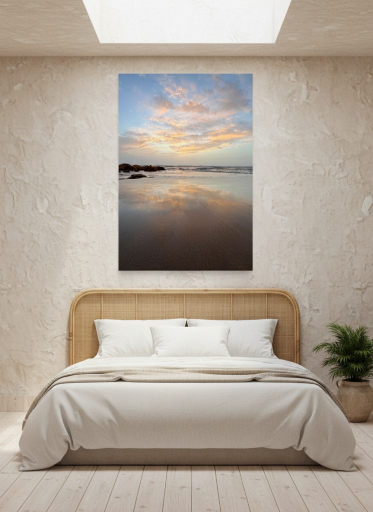 Soft, muted beach sunset metal poster bringing a calm feel to a bedroom