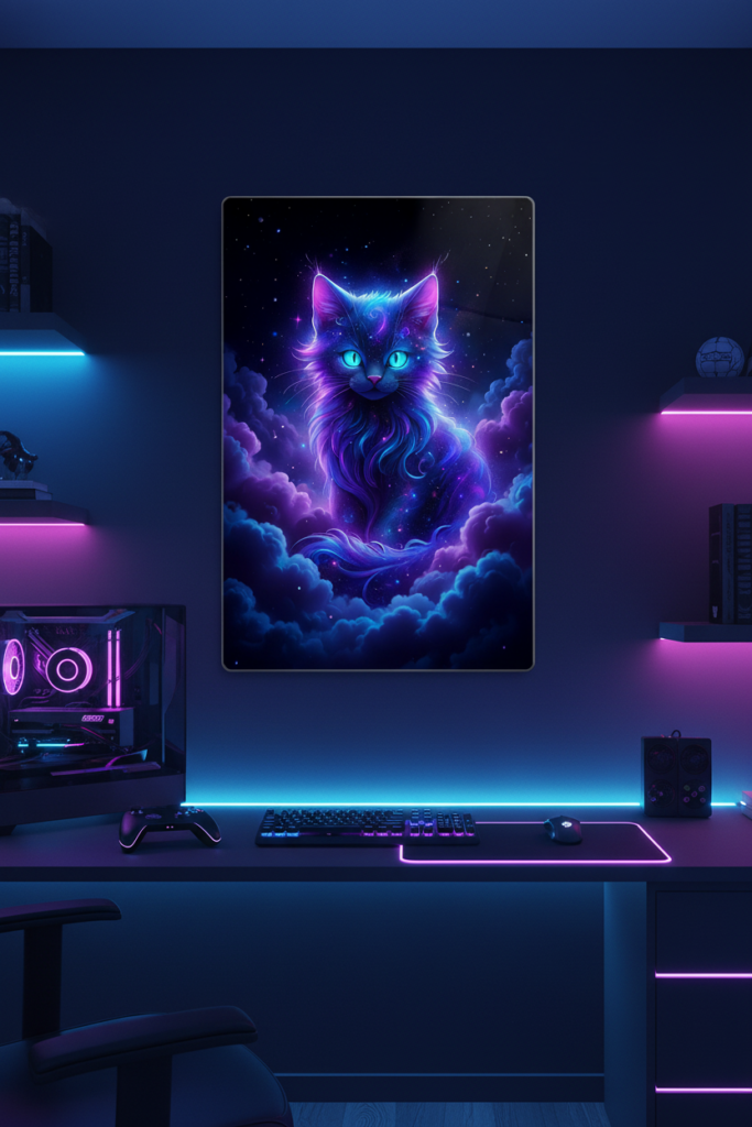 A portrait-oriented, frameless metal poster mounted on a dark blue wall, centered directly above a clean gaming desk setup. The glossy artwork features a vibrant, fluffy cosmic cat with luminous turquoise eyes sitting amidst swirling purple and blue nebula clouds. Below the print, a gaming PC tower, keyboard, mouse, and a large mousepad glow with brilliant pink and cyan RGB lighting. Floating shelves on either side of the wall art are lined with matching neon LED strips, creating a highly styled, cohesive look within a compact room corner.