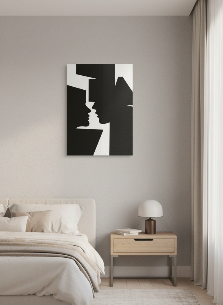Black and white geometric abstract metal poster with a clean, structured design