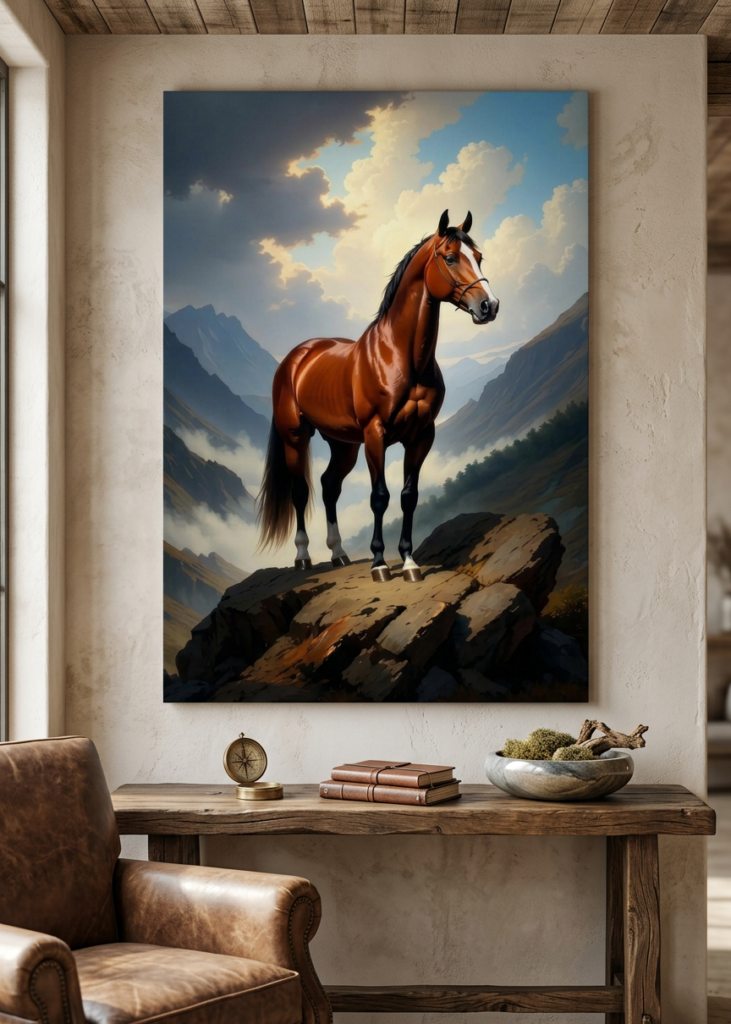 Majestic horse on a mountain peak metal poster as a bold focal point above a console