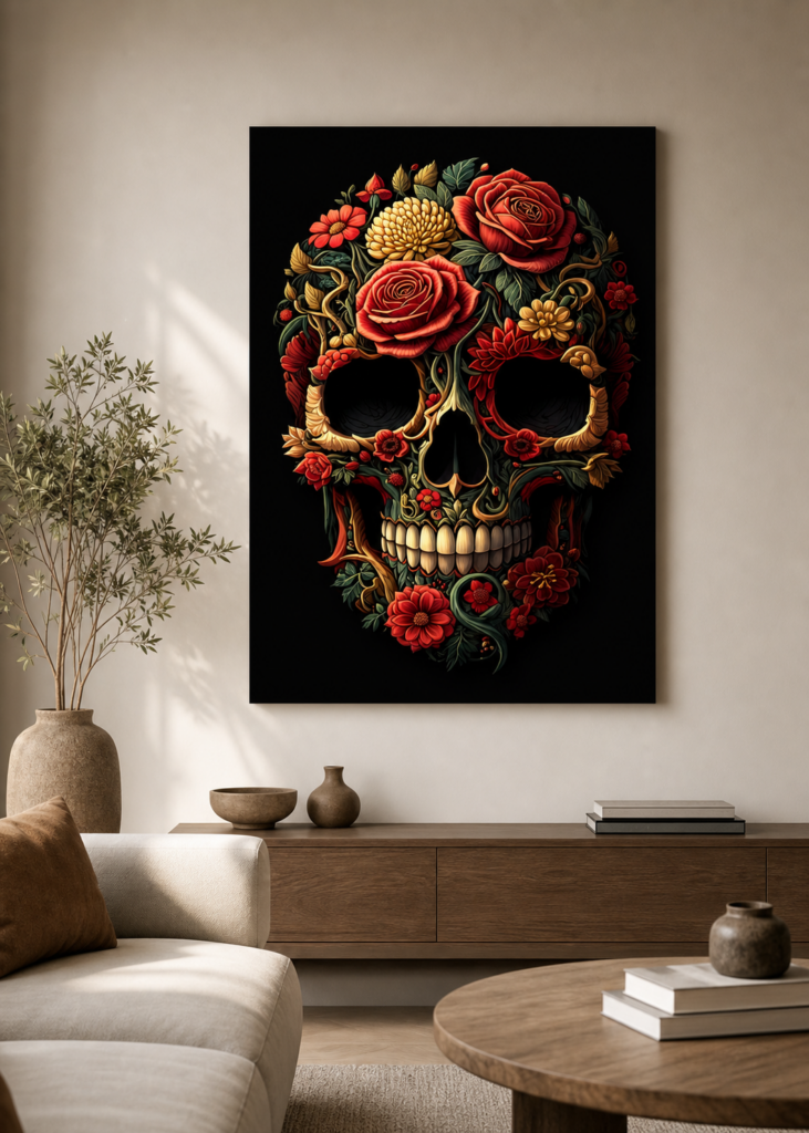 A bright, modern minimalist living room featuring a large, frameless black wall art piece hanging on a neutral beige wall. The artwork is an intricate, vibrant graphic illustration of a skull completely composed of blooming red roses, yellow flowers, and winding green vines. The print is centered above a long wooden media console table, flanked by a neutral linen sofa to the right and a large rustic floor vase with a green leafy branch to the left.