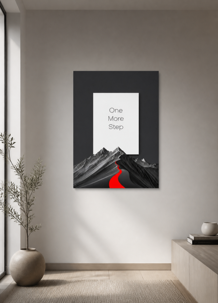 One More Step motivational mountain metal poster on a home office accent wall