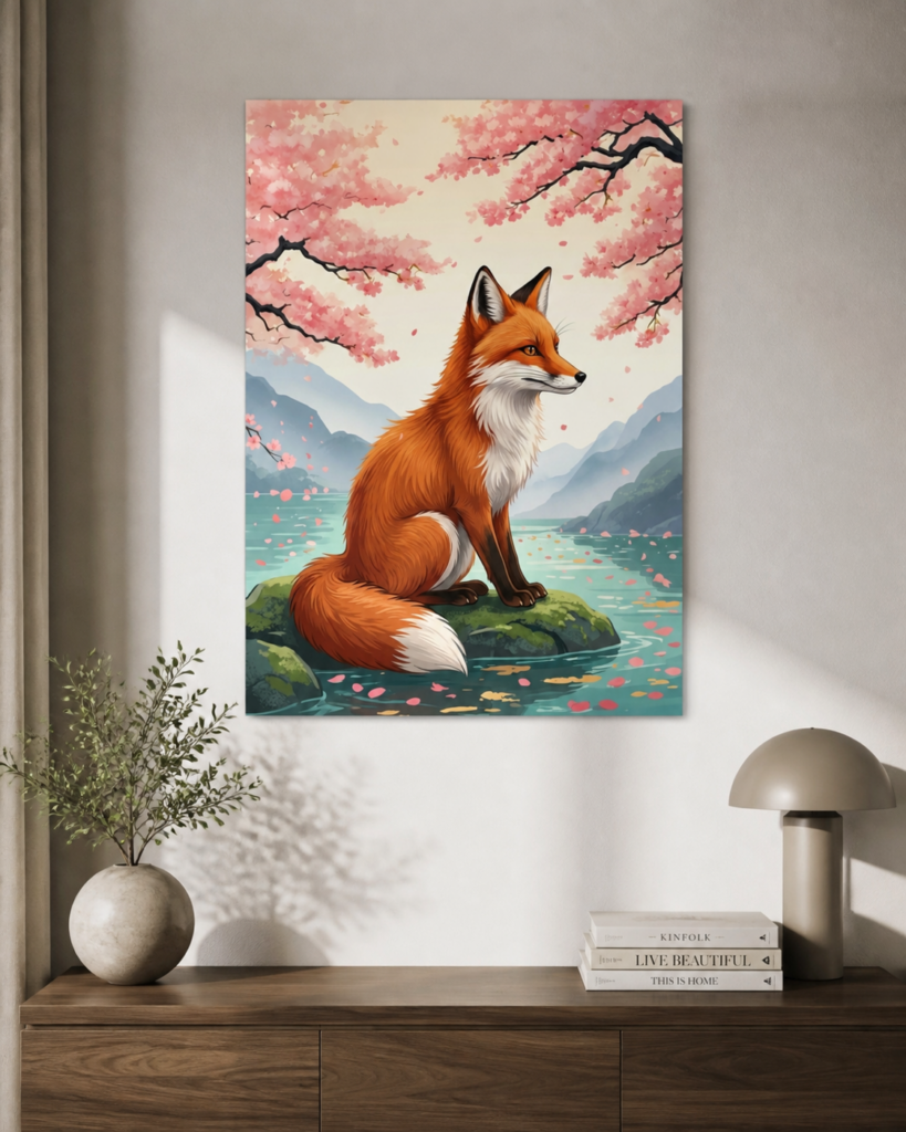 Serene fox beneath cherry blossoms metal poster with a peaceful, gentle mood