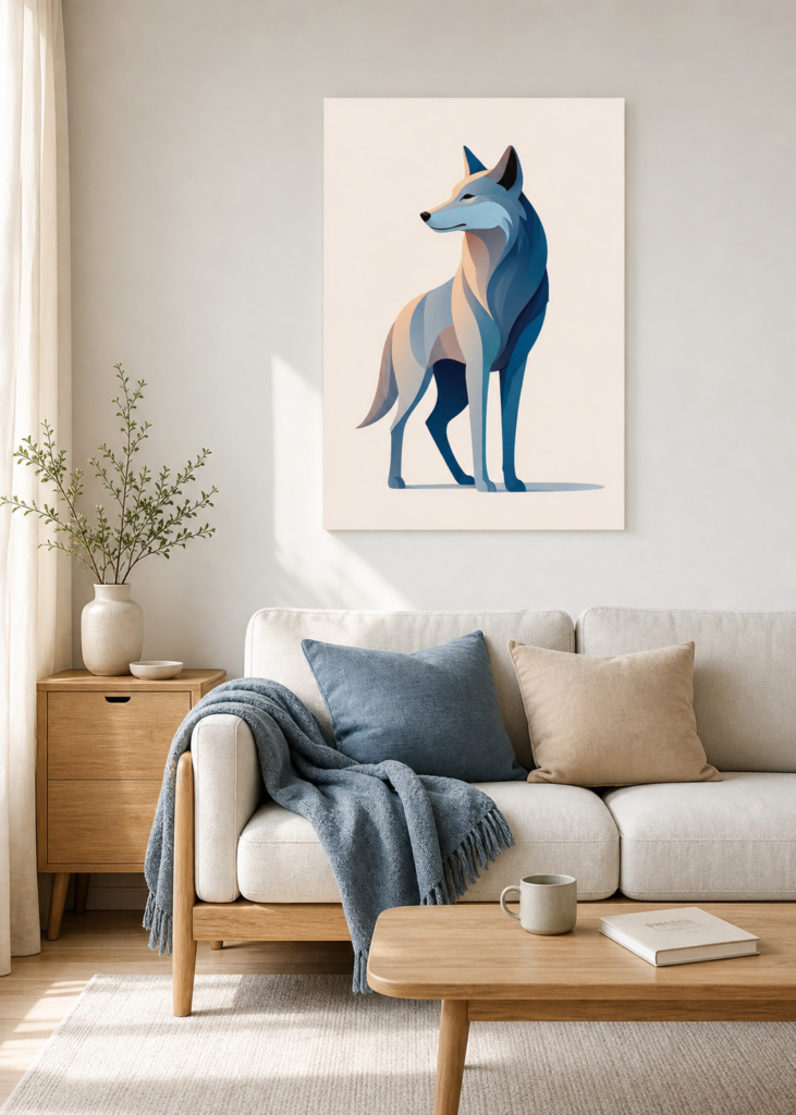 Minimalist blue wolf metal poster in soft cool tones in a calm room