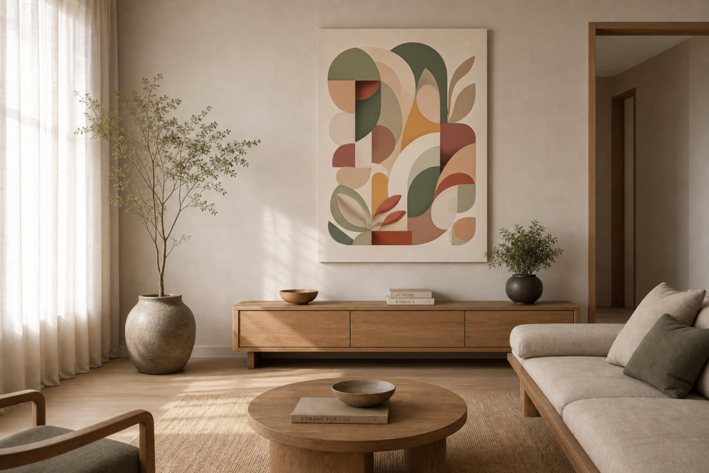 A bright, minimalist Japandi living room layout featuring a large abstract canvas print with geometric and botanical shapes hanging on a beige wall. The art is centered above a low oak console table, surrounded by a neutral linen sofa, a round wooden coffee table, and a tall rustic floor vase with a delicate green branch.