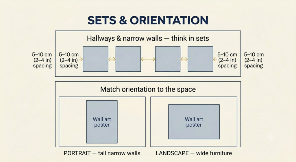 Diagram showing evenly spaced hallway print set and portrait versus landscape orientation guide