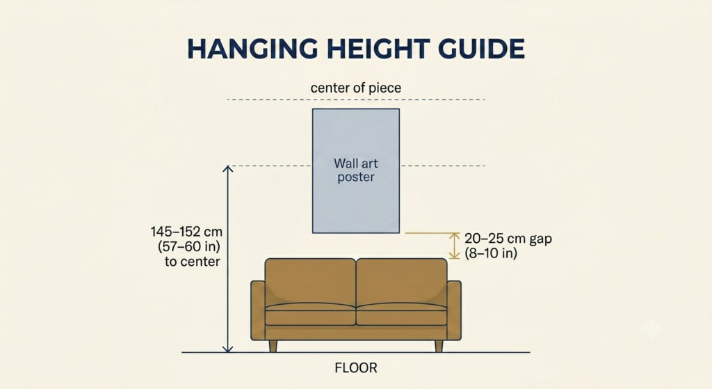 Hanging height diagram showing 145 to 152 cm eye level and 20 to 25 cm gap above a sofa