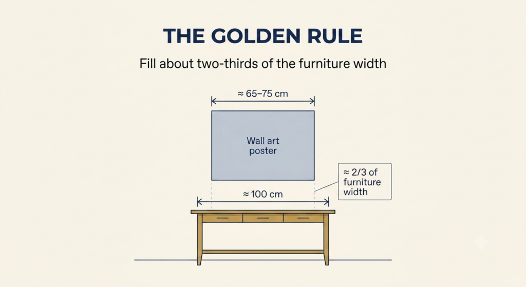 Diagram showing wall art filling about two-thirds of a console width following the 60 to 75 percent rule